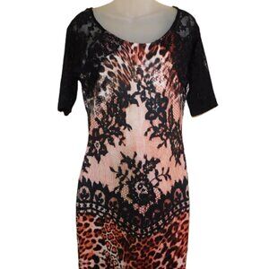 VENUS Sexy Leopard Lace Dress Stretch BodyCon Sheer Sleeve sz M